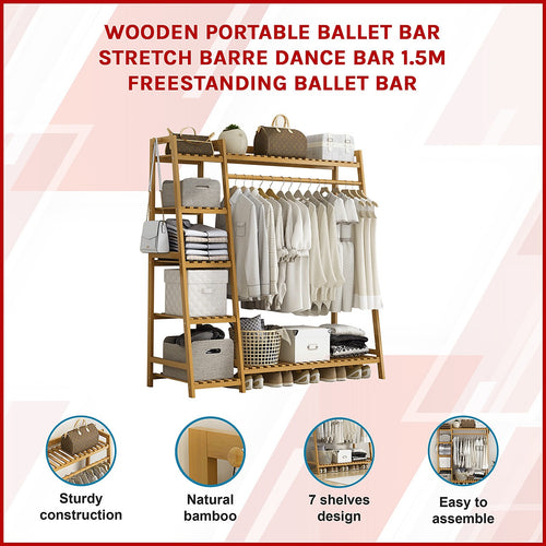 Portable Clothes Rack Coat Garment Stand Bamboo Rail