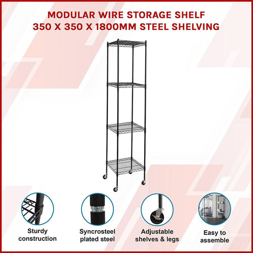 Modular Wire Storage Shelf 350 x 350 x 1800mm Steel Shelving - Baking Black Technology with Wheels