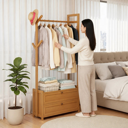 165x70cm Clothes Rack Stand with Storage Shelves – Modern Coat Tree in Wood