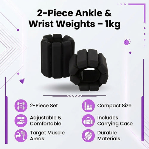 2-Piece Ankle & Wrist Weights – 1kg Pair Adjustable Workout Bangles Black for Fitness Training