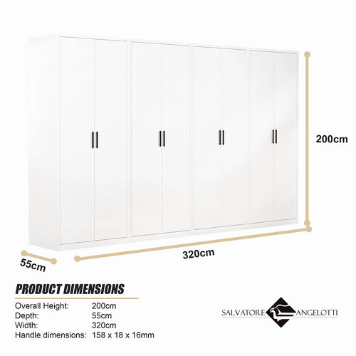 320x200cm 8-Door White Steel 2 Hanging and 2 Shelf Wardrobe with Black Handle Storage Cabinet