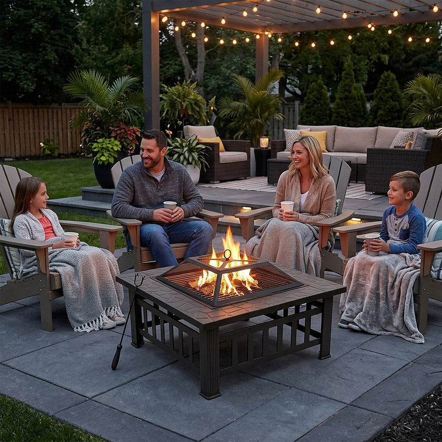 Square Fire Pit – Metal Design with Mesh Screen Lid & Poker