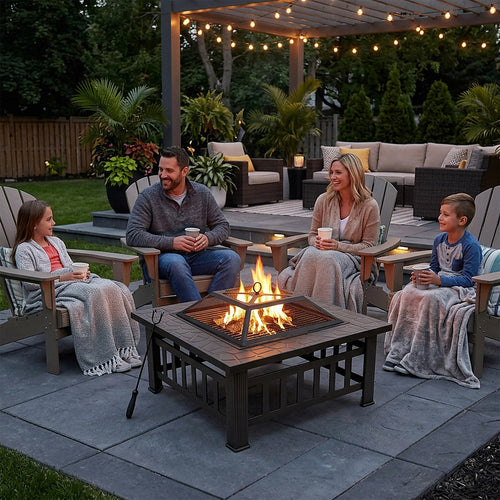 Square Fire Pit – Metal Design with Mesh Screen Lid & Poker