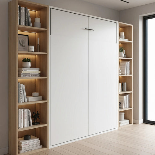 Double Wall Bed in White – Space Saving Murphy Bed Kit with Silver Door Handle