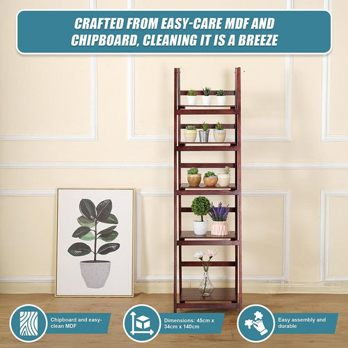 5 Tier Wooden Ladder Shelf Stand Storage Book Display Rack - Coffee