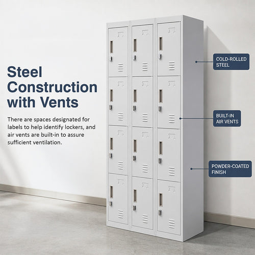 12-Door Steel Locker – Grey, Padlock-operated