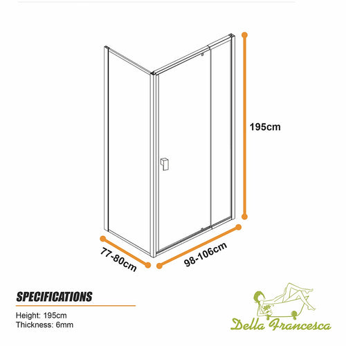 Semi-Frameless Shower Screen – Dust Brown, Front: (98~106)x195cm, Side: (77~80)x195cm