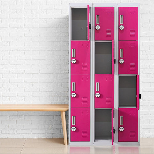 Grey with Pink Door 12-Door Locker for Office Gym Shed School Home Storage - 4-Digit Combination Lock