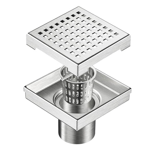 15 x 15cm Square Shower Drain with Grid Pattern Grate – Chrome Stainless Steel