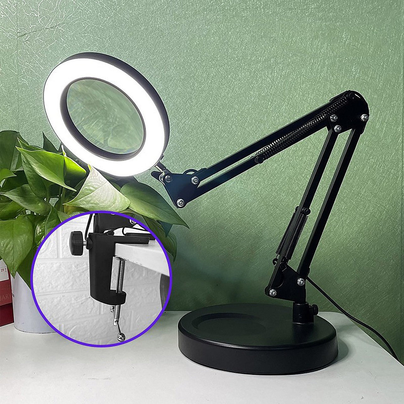 Versatile 2 in 1 Lighted Magnifier Desk Lamp Flexible Magnifying Glass with  Light Hands-free Loupe with Clamp and Base Holder