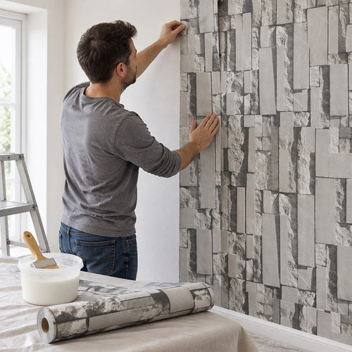 Wallpaper Grey Brick Pattern 3D Roll – Non-woven Decorative Wall Covering for Home & Office Interiors