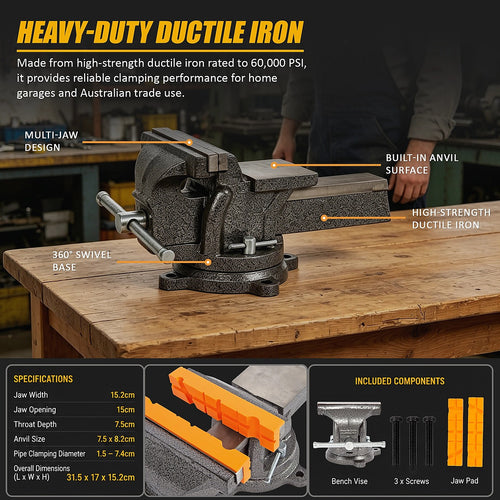 150mm Bench Vise with Anvil 360° Swivel Base Heavy Duty Ductile Iron