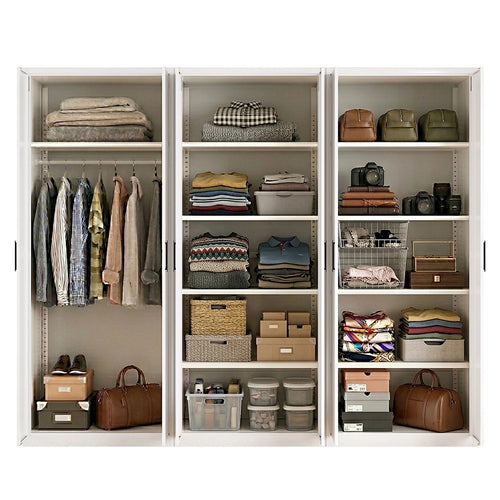 240x200cm 6-Door White Steel 1 Hanging and 2 Shelf Wardrobe with Black Handle Storage Cabinet