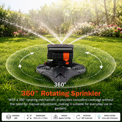 Garden Rotary Sprinkler 3 Arm 360° Adjustable Lawn Watering System