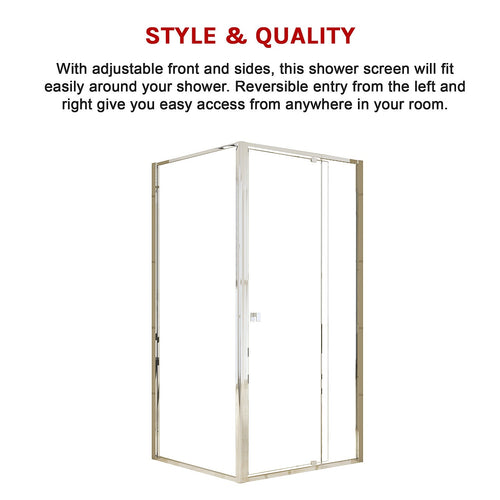 Adjustable Semi Frameless Shower Screen Front: (98~106)x195cm with Gold Hardware and Side: (89~92)x195cm