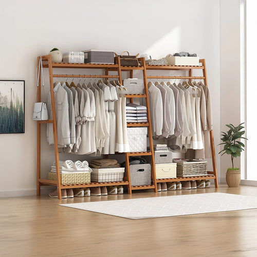 190cm Freestanding Bamboo Clothing Rack – Dark Wood Bedroom Rail