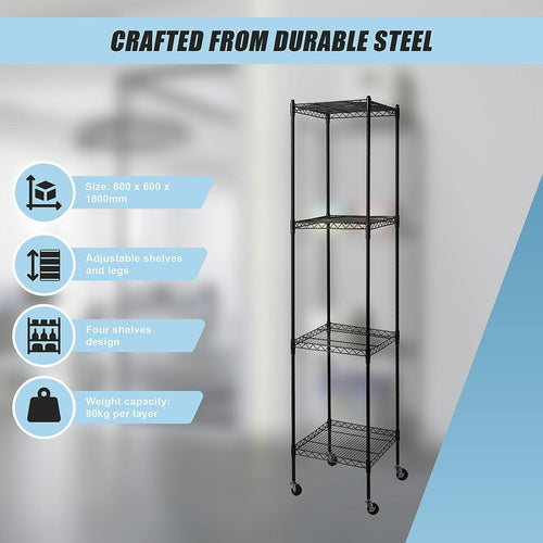Modular Wire Storage Shelf 350 x 350 x 1800mm Steel Shelving - Baking Black Technology with Wheels
