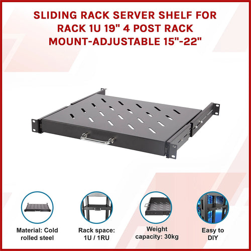 Sliding Rack Server Shelf For Rack 1U 19" 4 Post Rack Mount-Adjustable 15"-22"