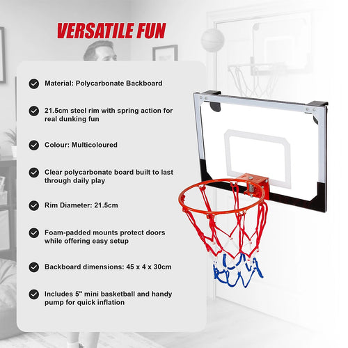 Indoor Mini Basketball Hoop Set – Door-Mounted Backboard Kit with Durable Ring & Mini Ball for Home Play
