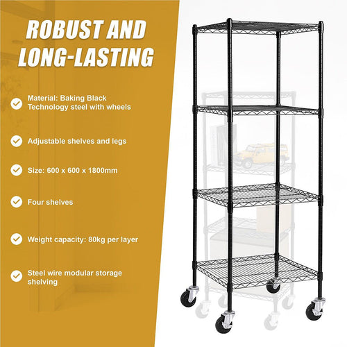 Modular Wire Storage Shelf 600 x 600 x 1800mm Steel Shelving - Baking Black Technology with Wheels