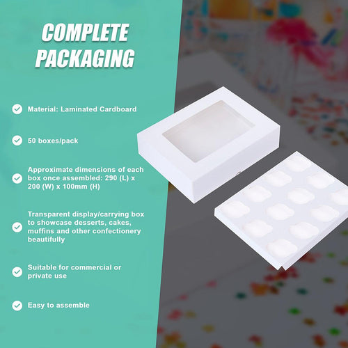 50pcs Cupcake Boxes 12-Hole Laminated Clear Window Face Boxes Favour