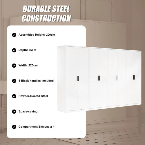 320x200cm 8-Door White Steel Shelf Wardrobe with Black Handle Storage Cabinet
