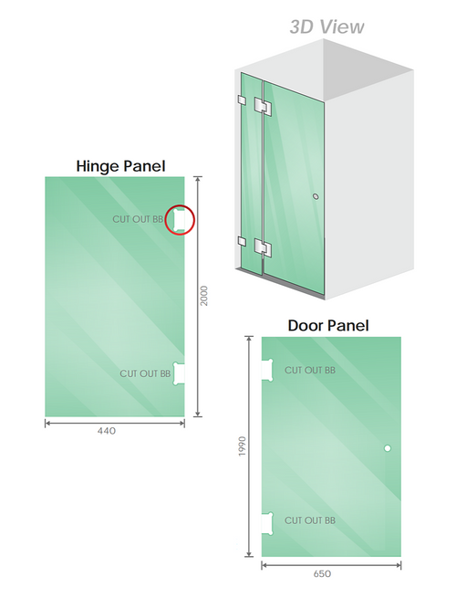 110x70cm Corner Frameless Shower Screen with Gold Brackets and Brass Hinges - F-Brackets