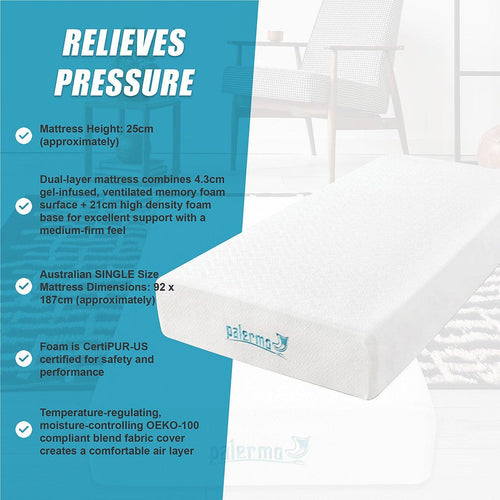 Single 25cm Gel Memory Foam Mattress Dual-Layered - CertiPUR-US