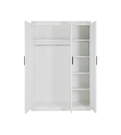 3 Door White Wardrobe – Black Handles, Hanging Rail & Shelves