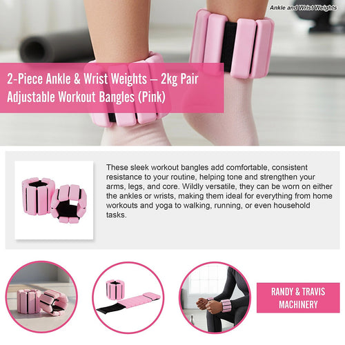 2-Piece Ankle & Wrist Weights – 2kg Pair Adjustable Workout Bangles Pink for Fitness Training