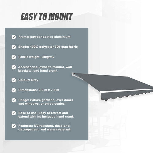 Outdoor Awning Grey - 3x2.5m Retractable Sunshade