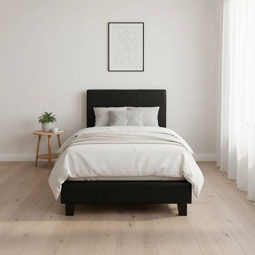 Single Size Bed Frame with Headboard – Black PU Leather