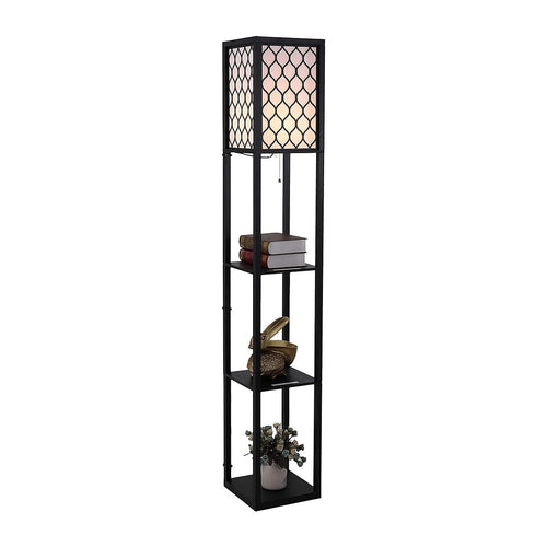 Shelf Floor Lamp with Shade and Open Shelves in Black Wood - Style B