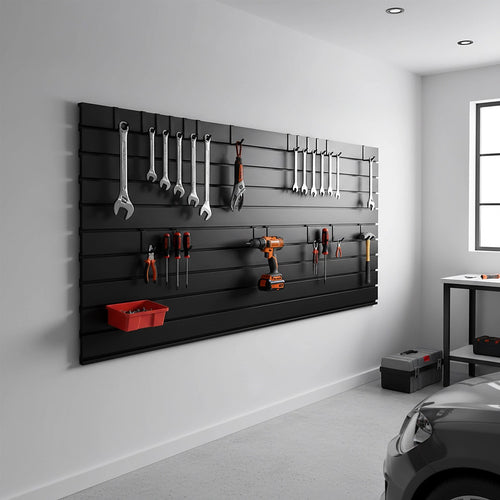 Slatwall Storage Pack – Retail Display & Garage Wall Organiser System Black PVC Panels