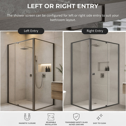 Semi-Frameless Shower Screen – Gunmetal, Front: (114~122)x195cm, Side: (89~92)x195cm