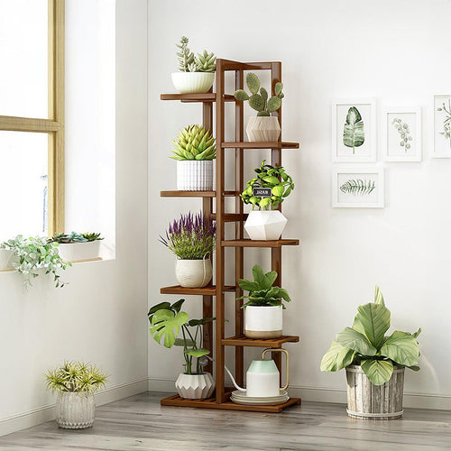 6 Tiers Vertical Bamboo Plant Stand Staged Flower Shelf Rack Outdoor Garden - Dark Wood