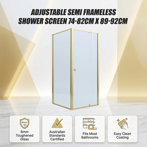 Adjustable Semi Frameless Shower Screen Front: (74~82)x195cm with Gold Hardware and Side: (89~92)x195cm