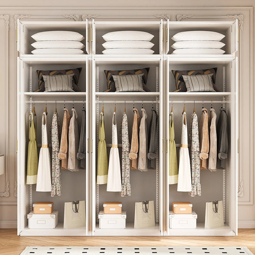 240x240cm 6-Door White Steel Hanging Wardrobe with Gold Handle Storage Cabinet