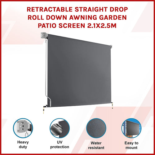 Retractable Straight Drop Awning Screen - Grey - 2.1x2.5m 