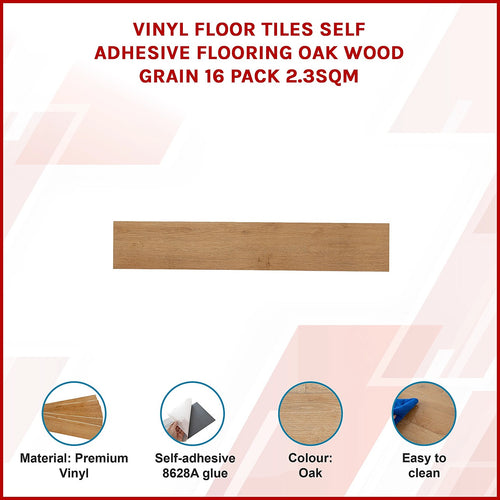 Vinyl Floor Tiles Wood Grain Oak Look  – 16 Pack Peel & Stick Flooring
