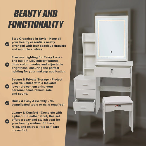 Makeup Vanity Table with LED Lighted Mirror & Stool – Bedroom Dressing Table with Storage Drawers