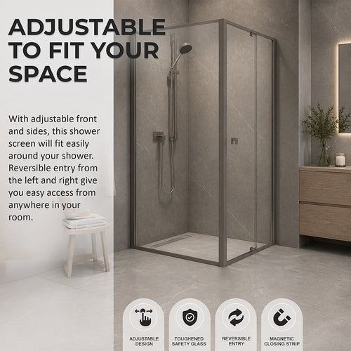 Semi-Frameless Shower Screen – Gunmetal, Front: (82~90)x195cm, Side: (98~101)x195cm