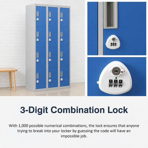 12-Door Steel Locker – Grey with Blue Door, 3-Digit Combination Lock
