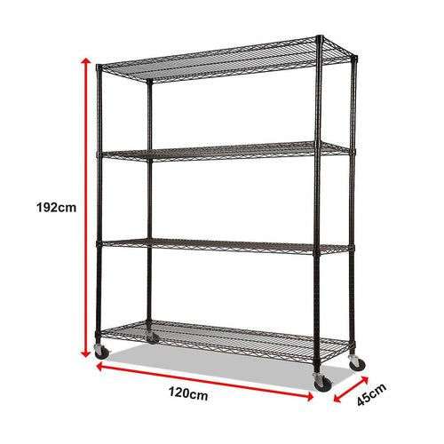 Modular Wire Storage Shelf 1200 x 450 x 1800mm Steel Shelving - Baking Black Technology with Wheels