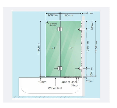 120cm Frameless Glass Bath Screen with Channel and Stainless Steel Hinges- Nickel