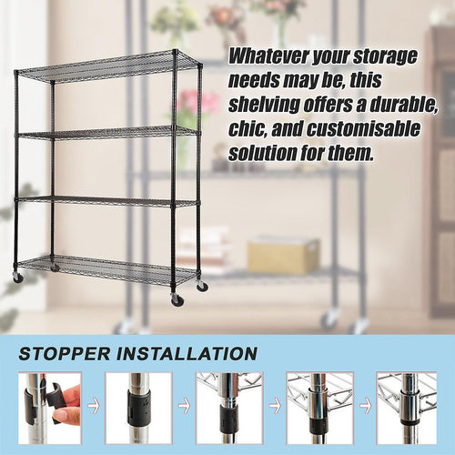 Modular Wire Storage Shelf 1200 x 450 x 1800mm Steel Shelving - Baking Black Technology with Wheels