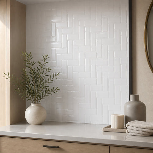 3D Peel-and-Stick Wall Tiles – White Herringbone Design, 10 Sheets