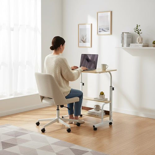 Height Adjustable Rolling Overbed Table 60cm Mobile Computer Desk for Home & Care