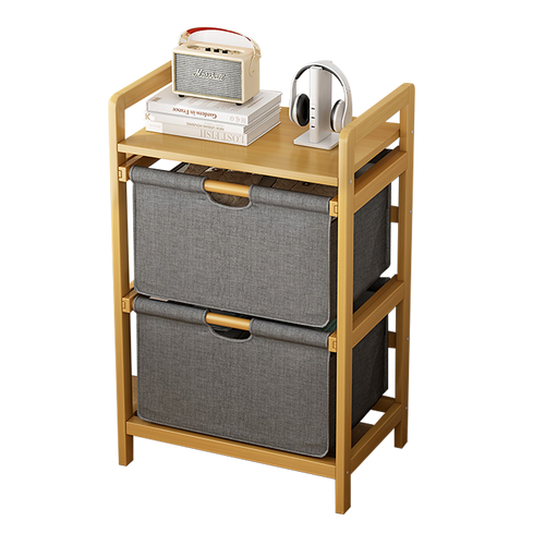 Bamboo Shelf with Storage Hamper – Wooden Organiser Rack with 2 Removable Laundry Bags