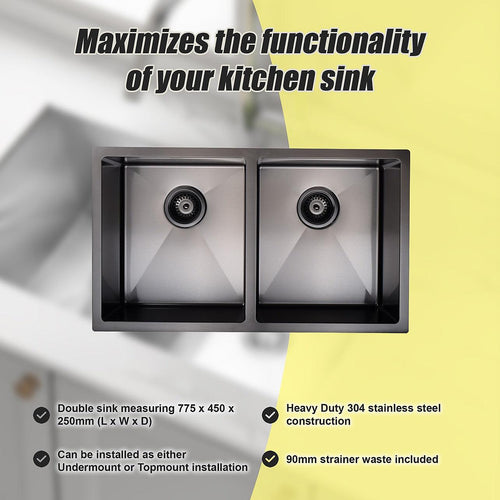 775x450mm Stainless Steel Handmade 1.5mm Sink with Waste in Black with sand finish Finish